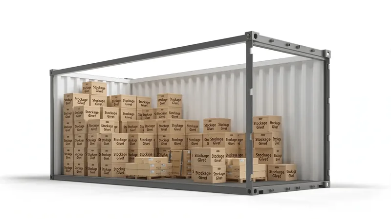 Vue en coupe d'un box de 33 m³ rempli de cartons empilés sur toute sa longueur.