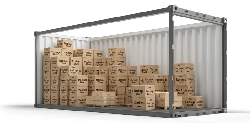 Vue en coupe d'un box de 33 m³ rempli de cartons empilés.