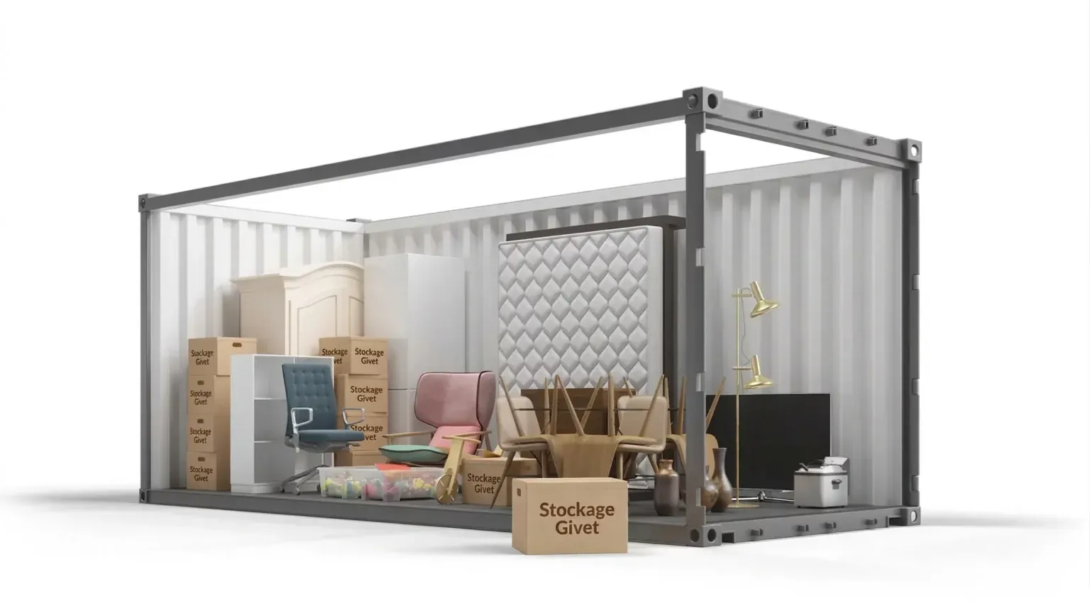 Un box de 33 m³ représenté ouvert sur le côté, chargé du mobilier d'un logement : armoire, réfrigérateur, tête de lit, bureau, fauteuils, chaises, téléviseur, lampadaire et cartons.