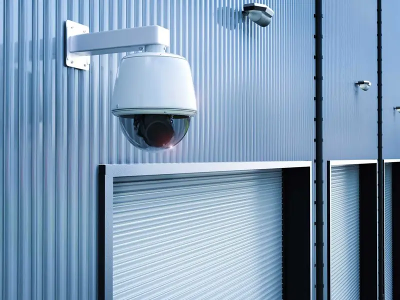 Une caméra dôme de vidéosurveillance fixée sur le bardage, au-dessus des rideaux métalliques des garages.