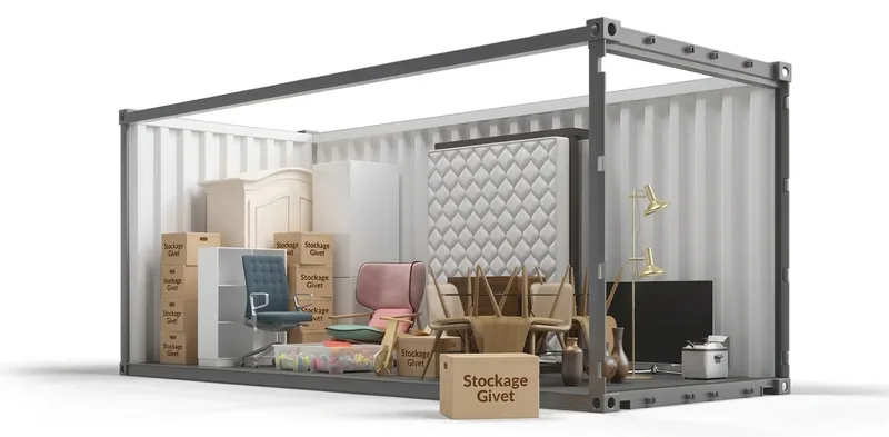 Le même box vu en écorché, chargé du mobilier d'un logement : armoire, matelas, table et chaises, fauteuil, téléviseur, lampes et une dizaine de cartons, avec de la place libre au-dessus.
