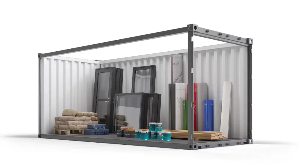 Vue en coupe du box de 33 m³ en réserve de chantier : portes et fenêtres déposées, sacs de ciment sur palette, pots de peinture et isolant.